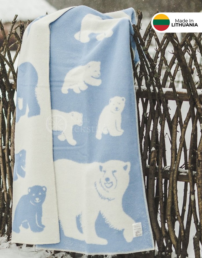 Natural wool blanket "Bears Blue" 130x200 cm