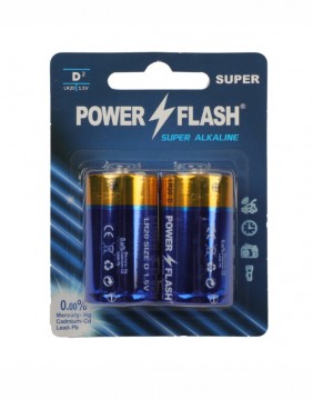 Baterijas POWER FLASH Super Alkanine LR20 D 1,5V 2 gab