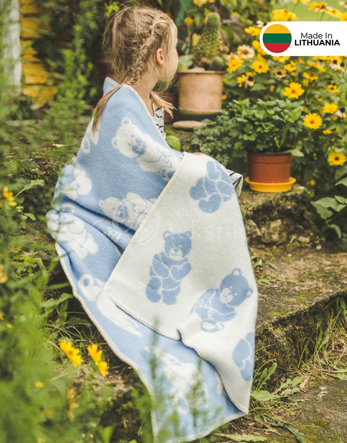 Children's Woolen Plaid "Bear Blue" 90x130 cm